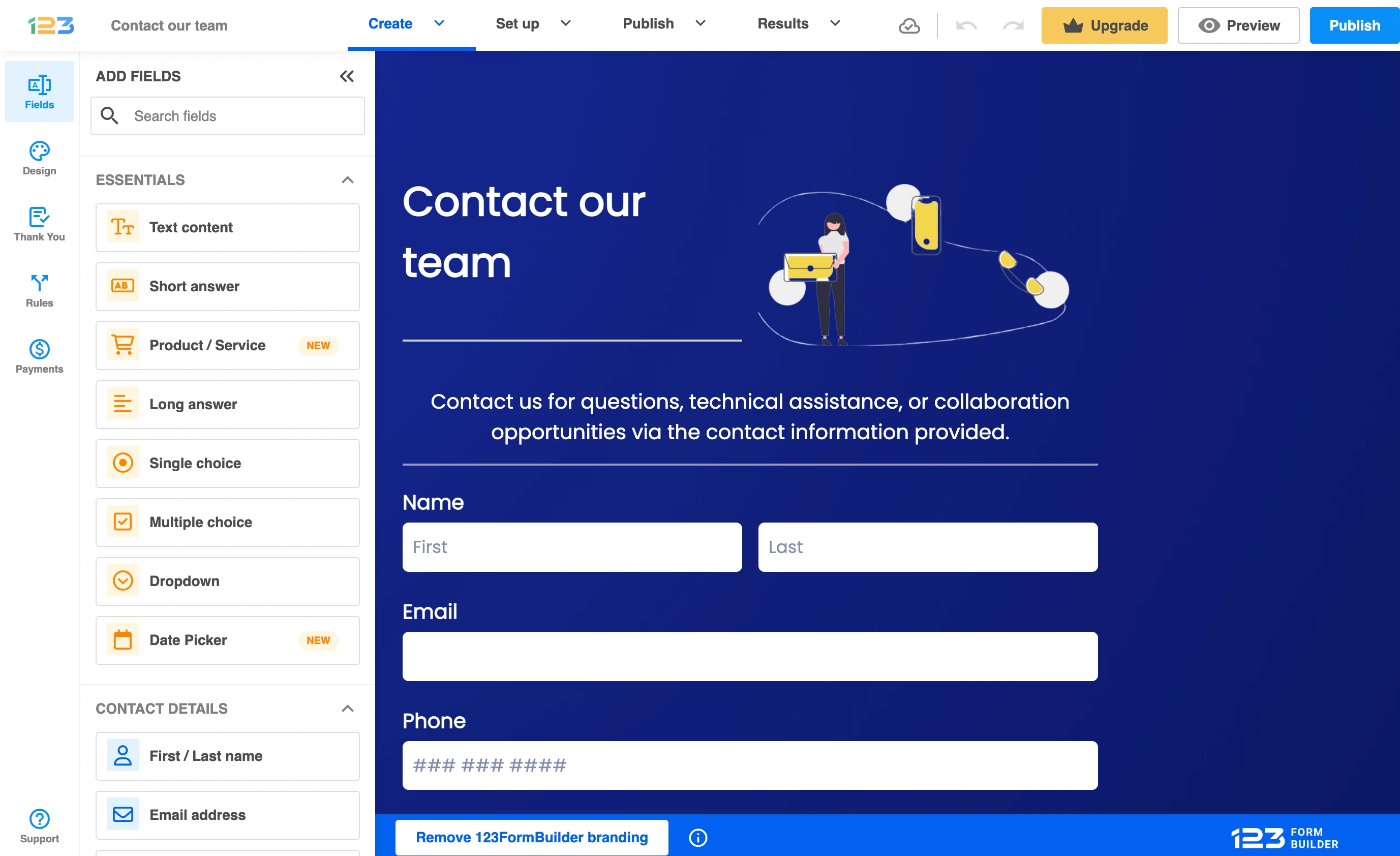 123FormBuilder standalone editor showing a sample contact form and available fields