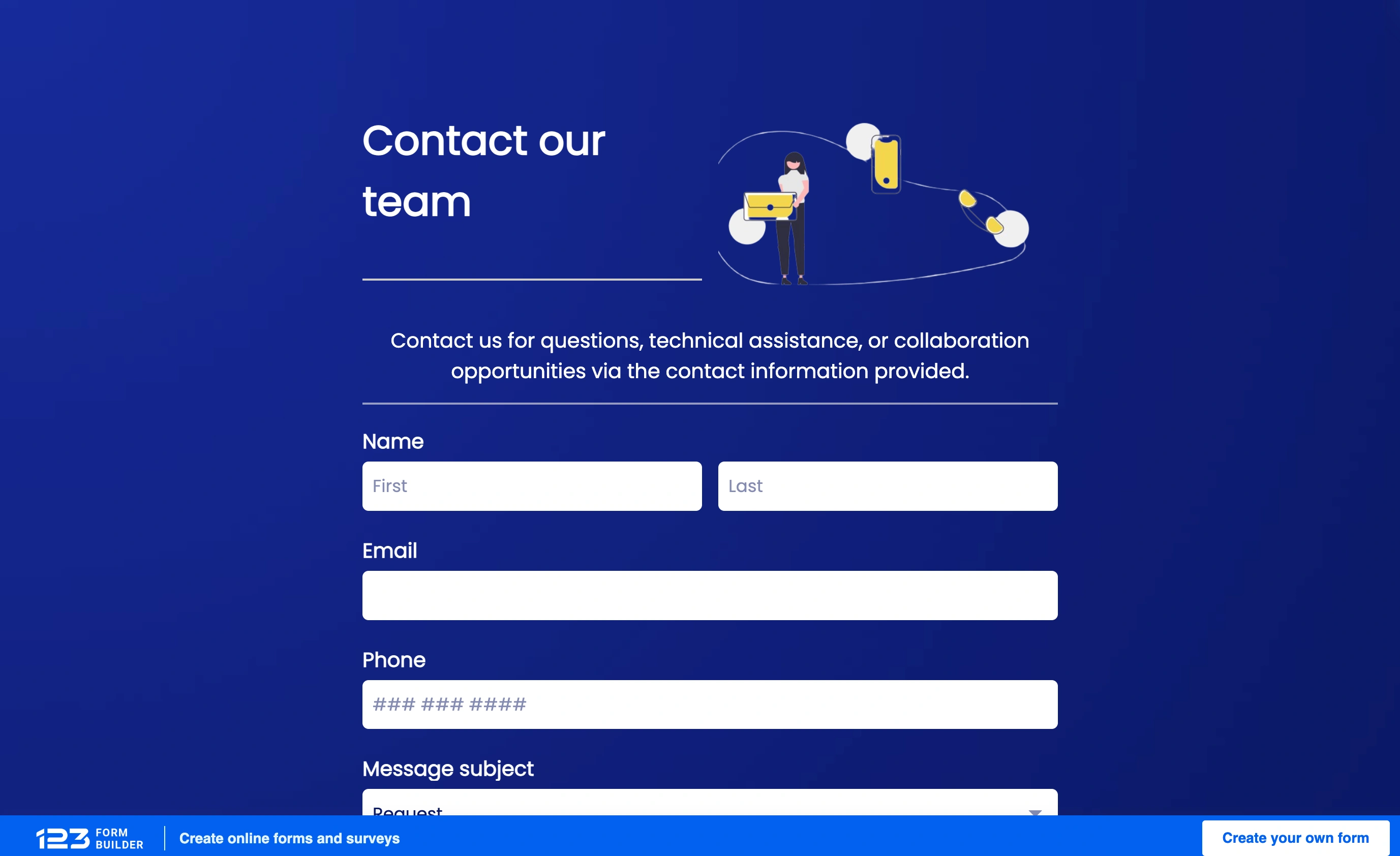 Published sample contact form built with 123FormBuilder