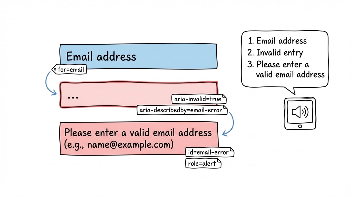 Accessible error message pattern showing aria-describedby and aria-invalid relationships
