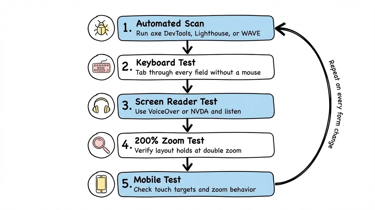 Five-step accessibility testing process shown as a sequential checklist flowchart