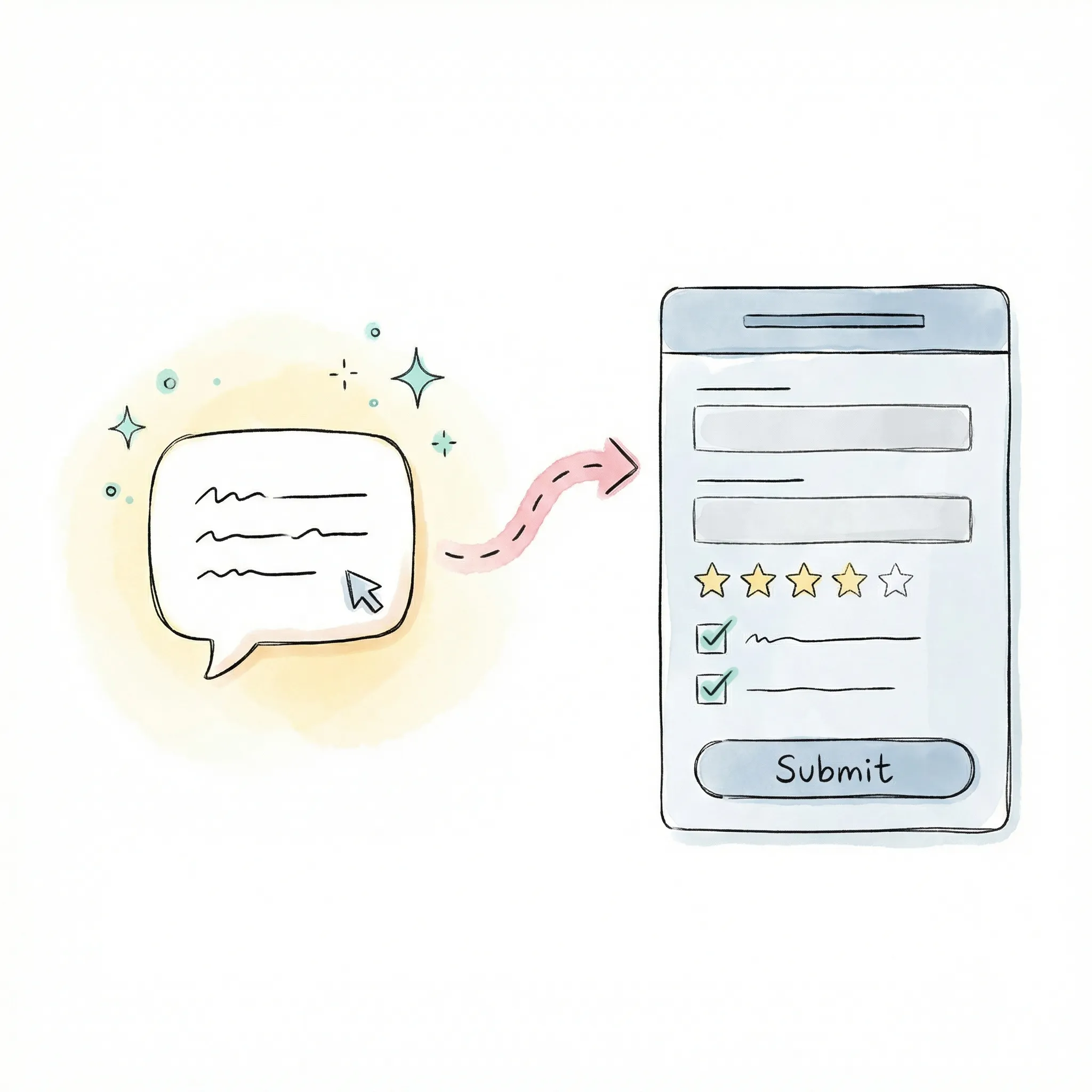 Illustration showing a text prompt being transformed into a structured form with multiple field types