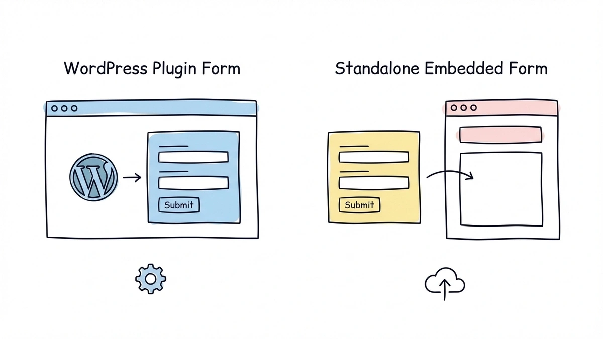 WordPress plugin forms versus standalone embedded forms side-by-side diagram