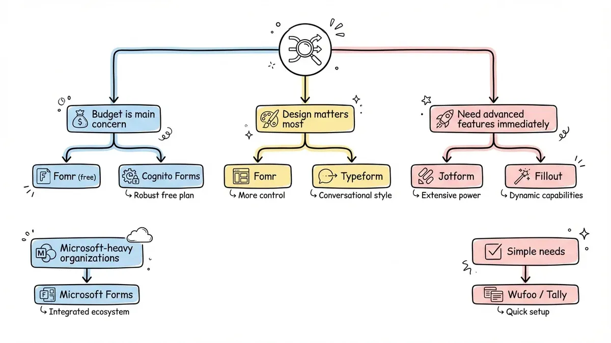 Decision flowchart for choosing form builder based on budget, design, and features