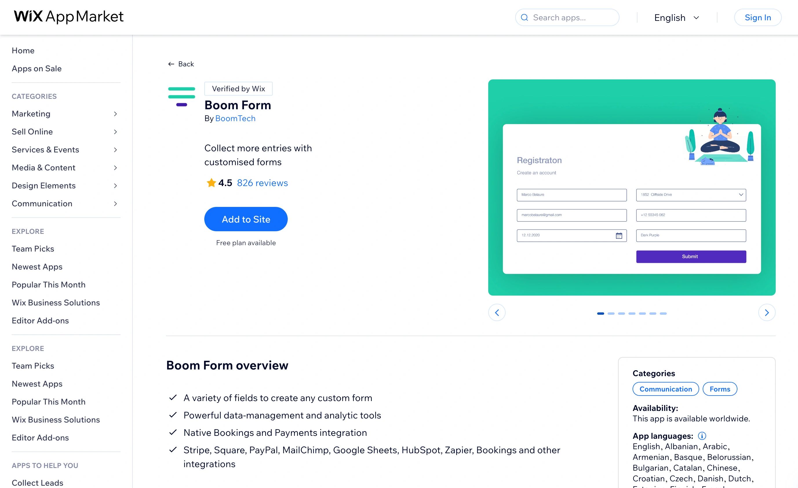 Boom Form official Wix app listing, captured in September 2026