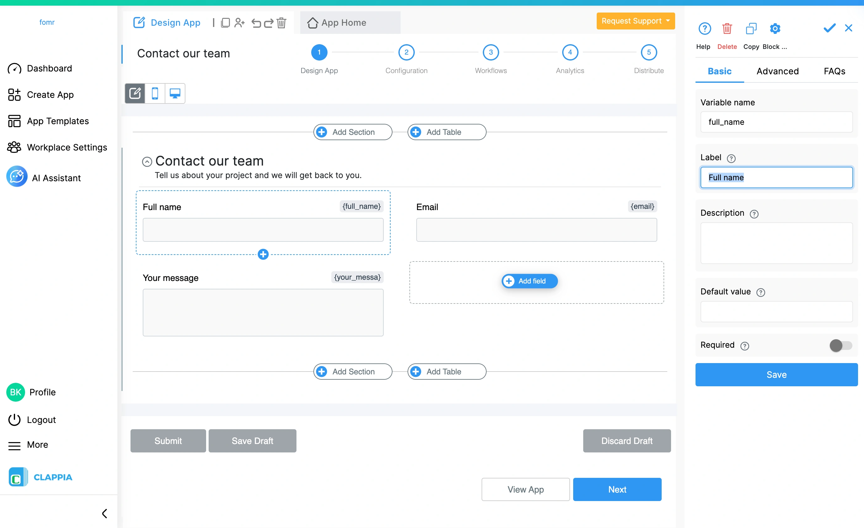 Clappia app editor with contact form fields and field settings