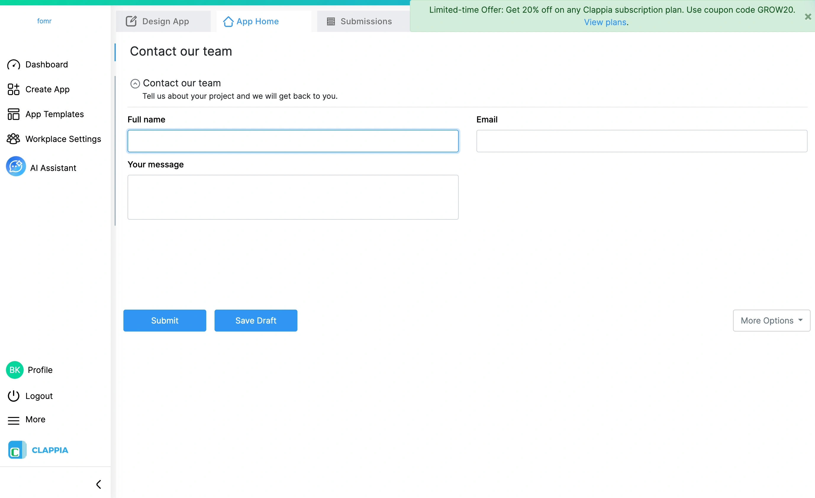 Completed Clappia contact form in its App Home view