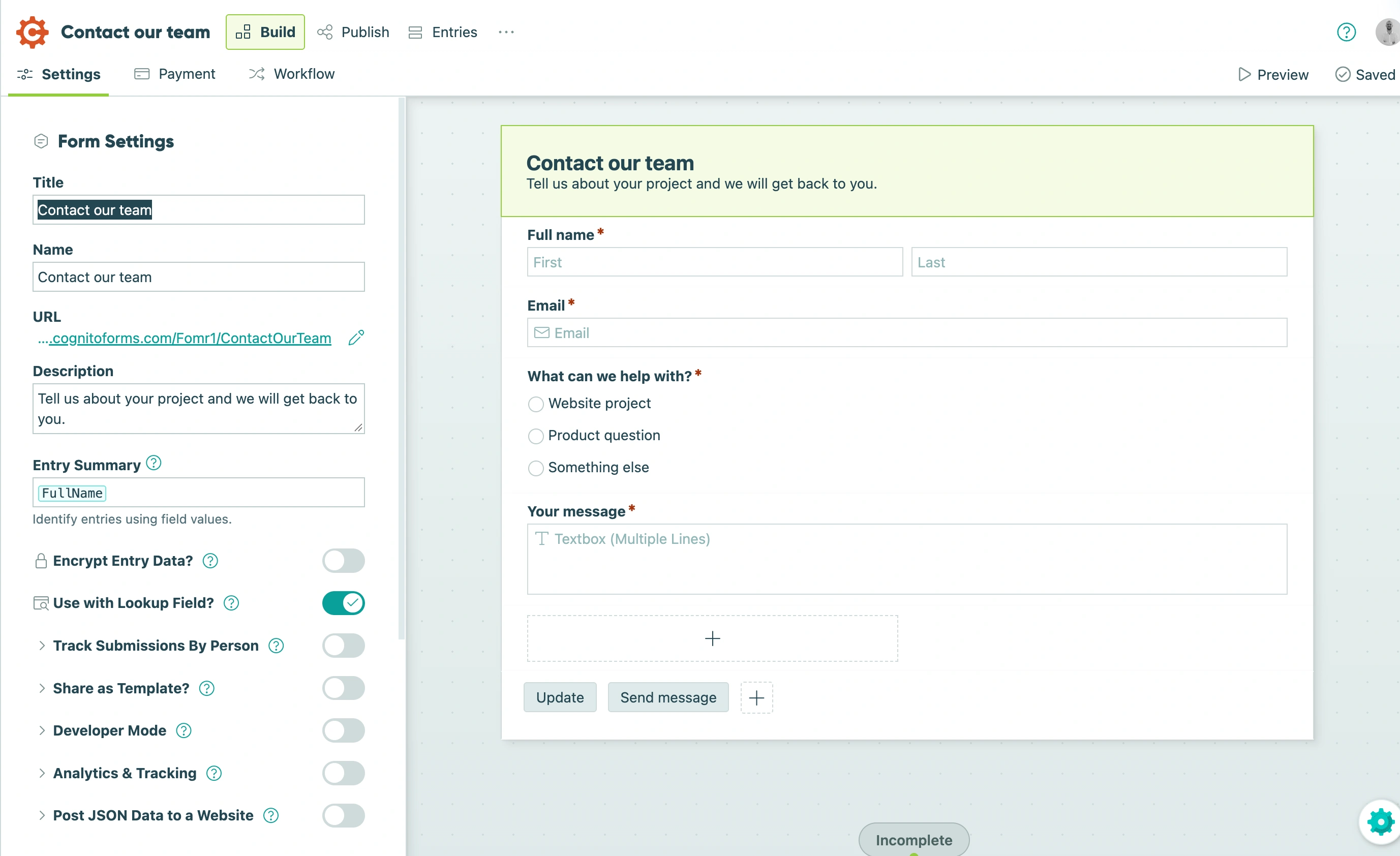 Cognito Forms editor showing our sample form