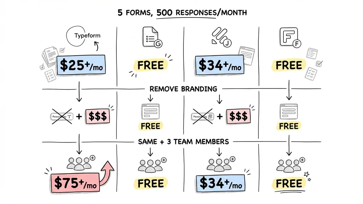 Pricing comparison showing actual costs for 5 forms with 500 monthly responses