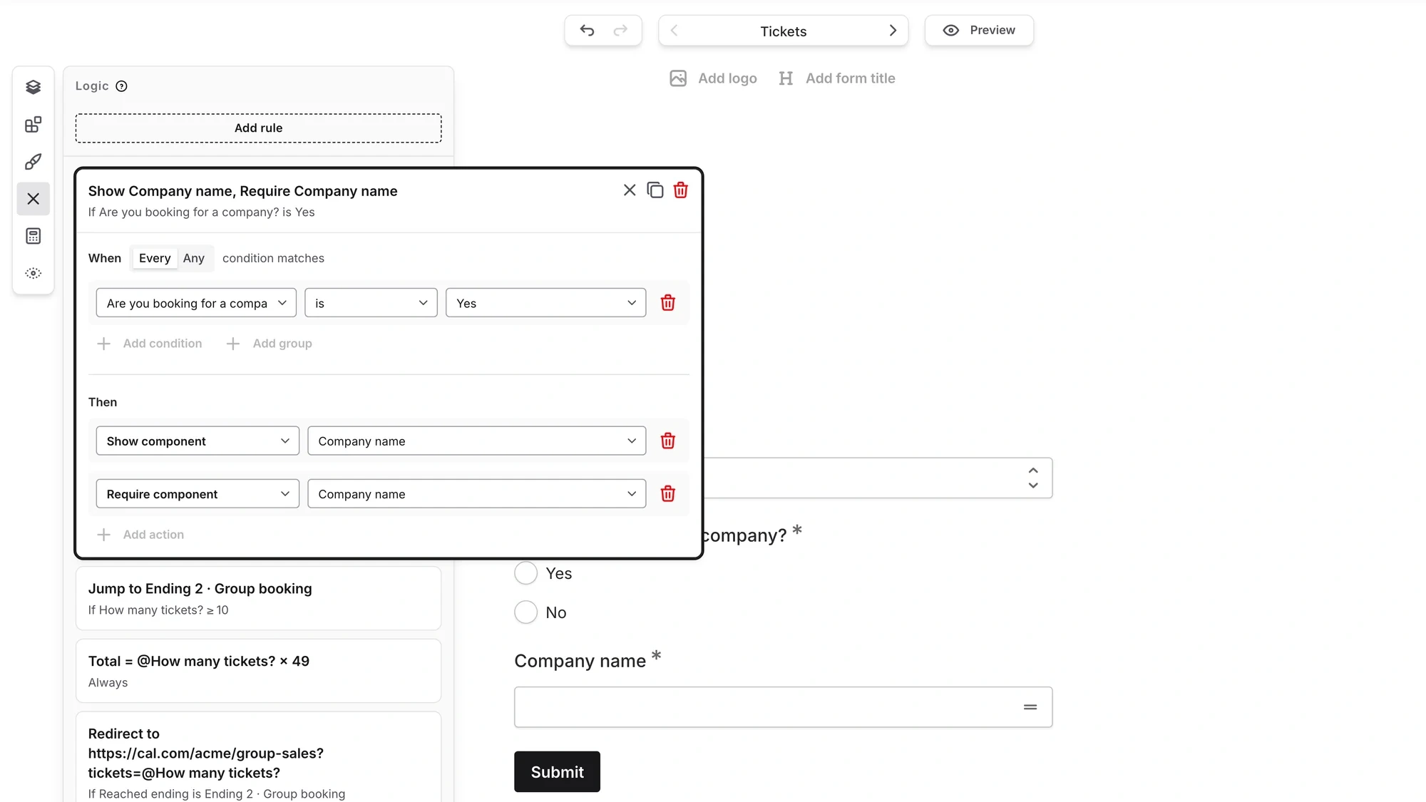 The Logic panel in the Fomr editor with a rule open: when Are you booking for a company? is Yes, show Company name and require Company name. Three more rules are listed below it.