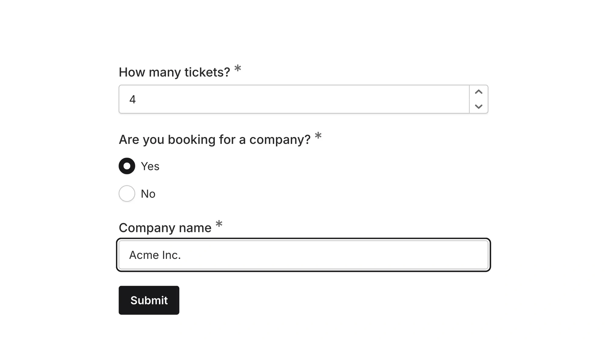 The live ticket form with 4 tickets entered, Yes selected for Are you booking for a company?, and the Company name question visible with Acme Inc. typed in