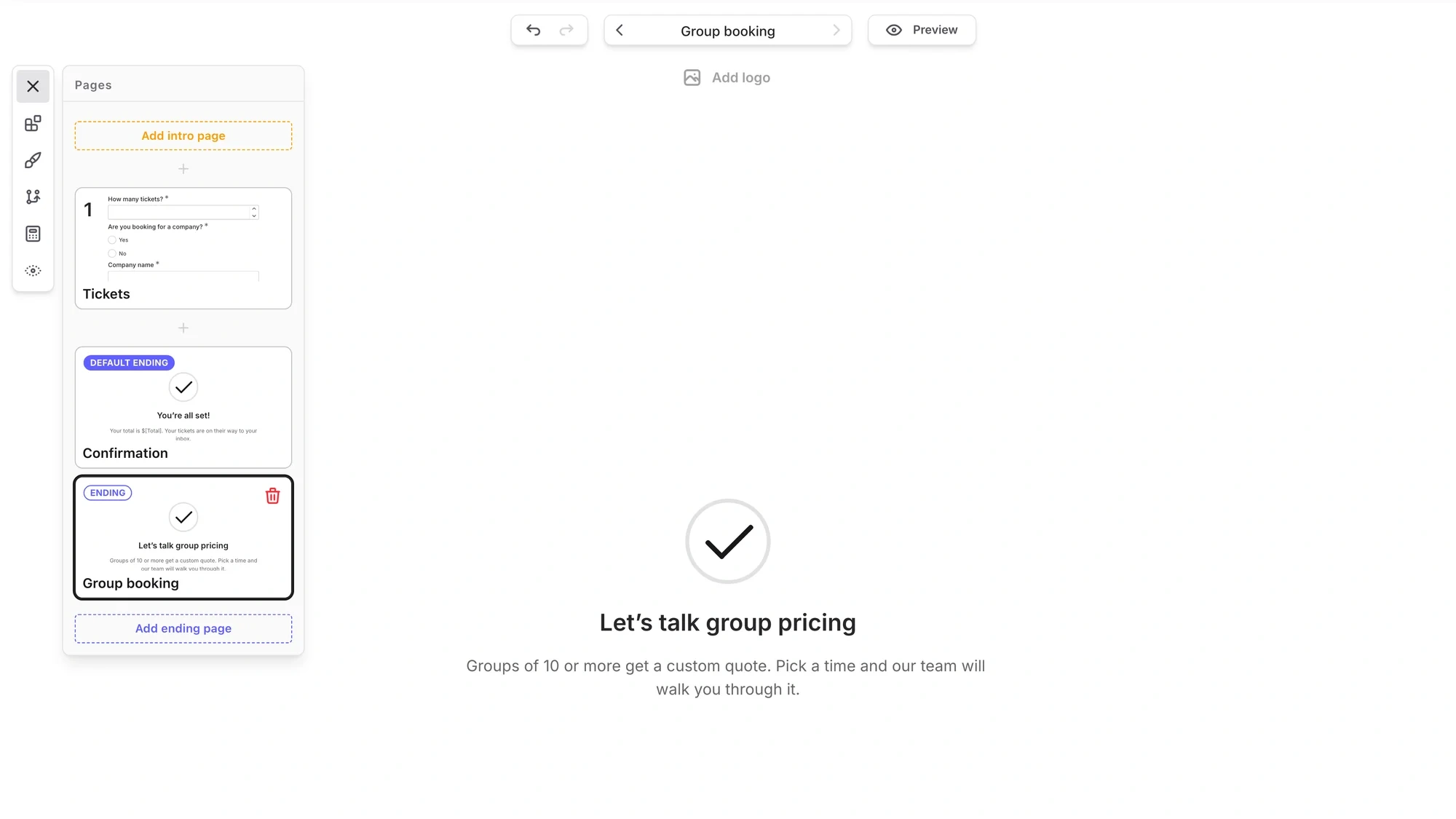 The Pages panel with a Tickets page, a Default ending called Confirmation, and a second ending called Group booking, shown on the canvas with the message Let's talk group pricing