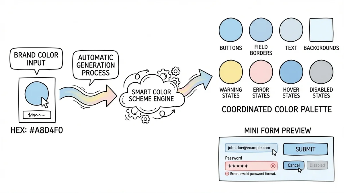 Smart color scheme generator showing brand color input and auto-generated form palette