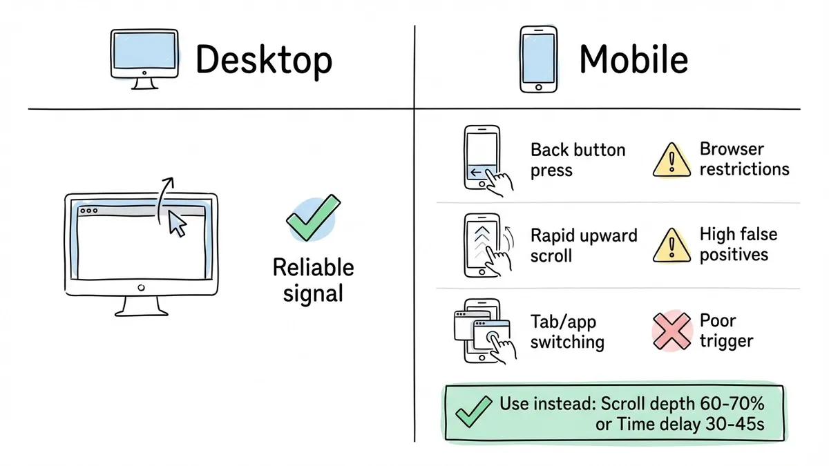 Comparison of desktop exit intent detection versus mobile alternative triggers like scroll and time delay