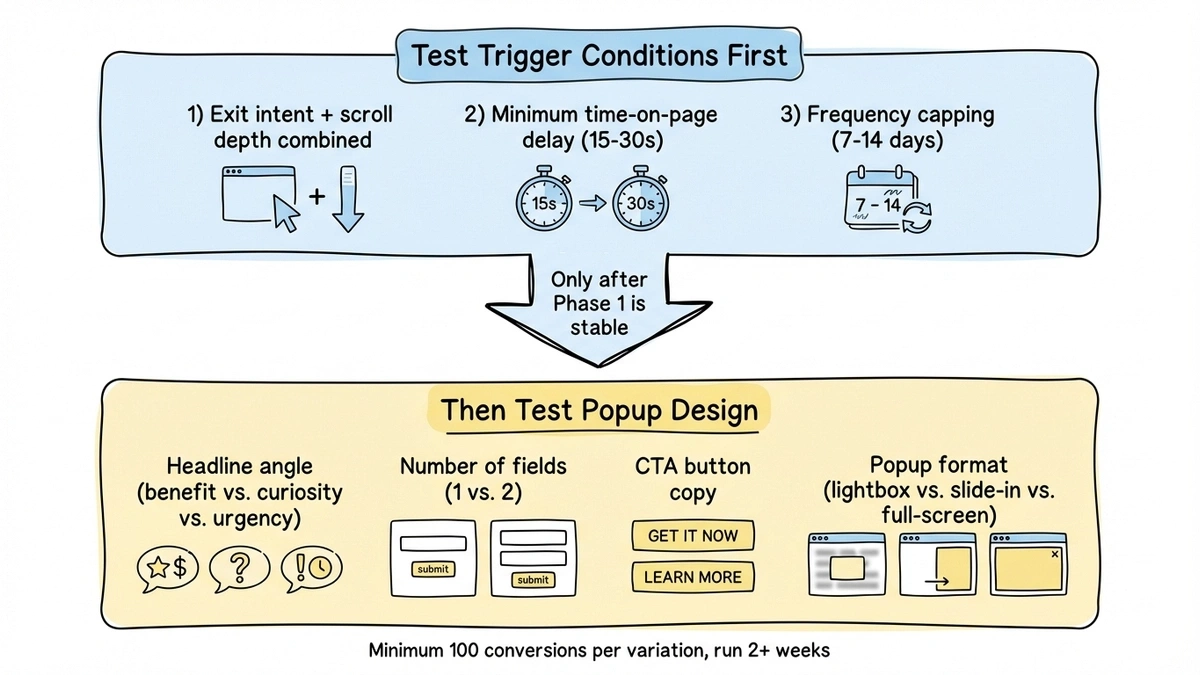 A/B testing roadmap for exit intent popups showing trigger variables first, then design elements
