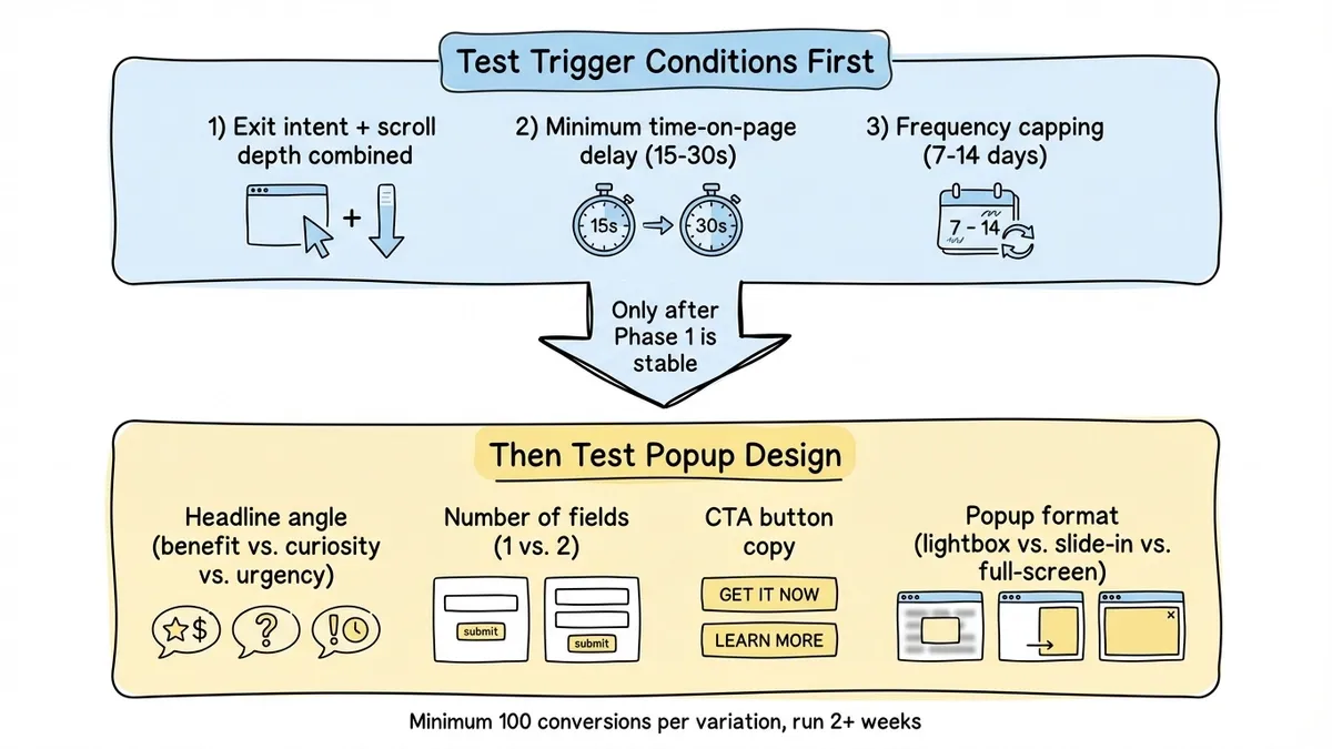 A/B testing roadmap for exit intent popups showing trigger variables first, then design elements