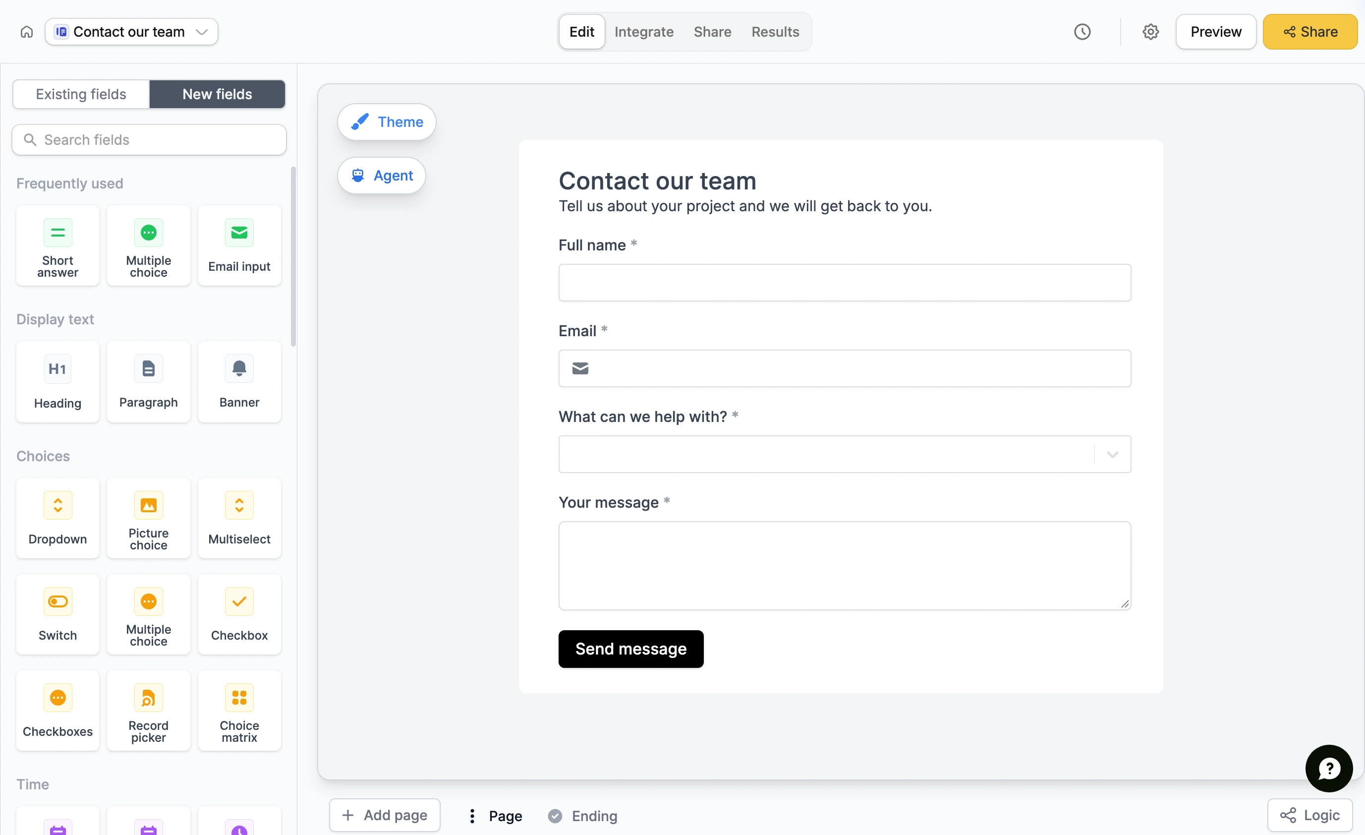 Fillout editor showing our sample contact form