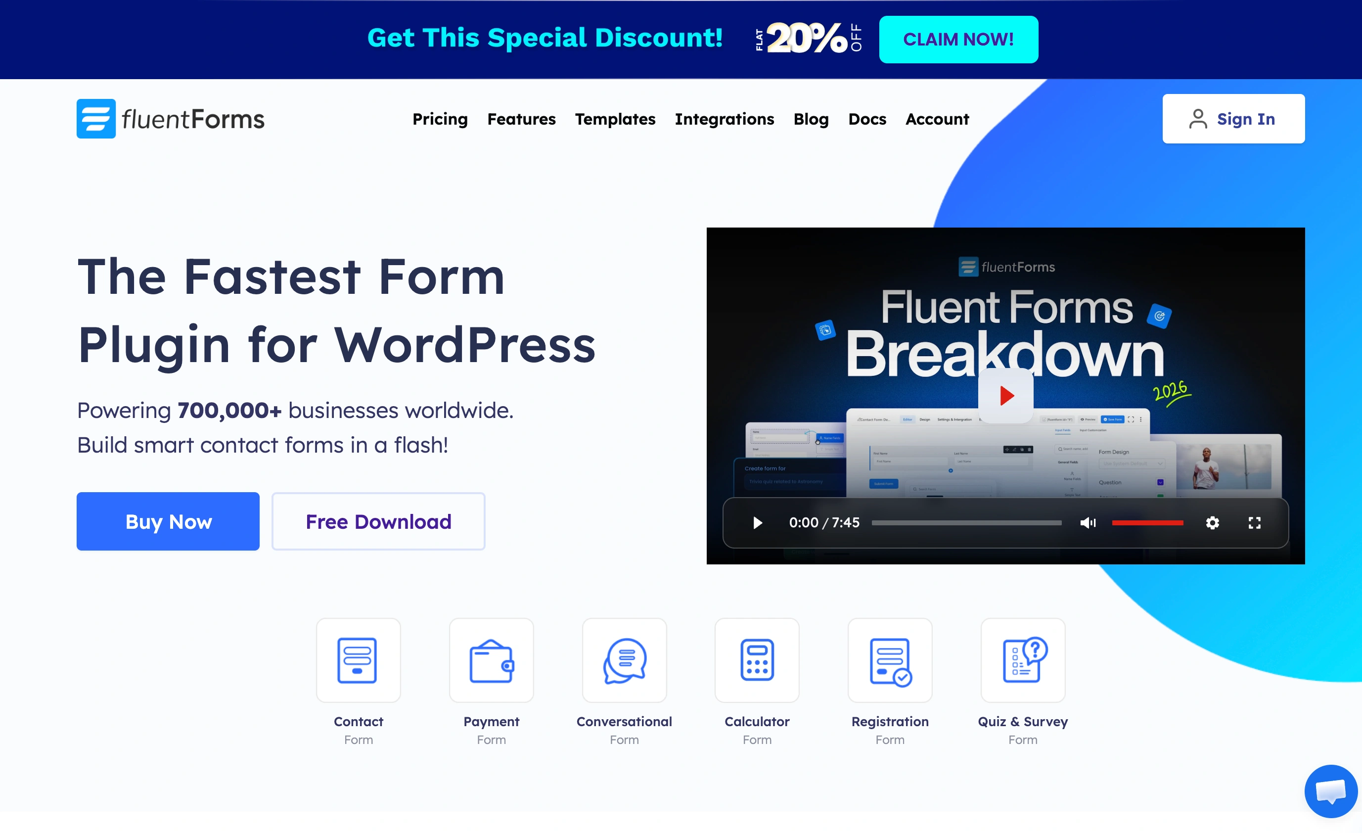 Fluent Forms homepage, captured in September 2026
