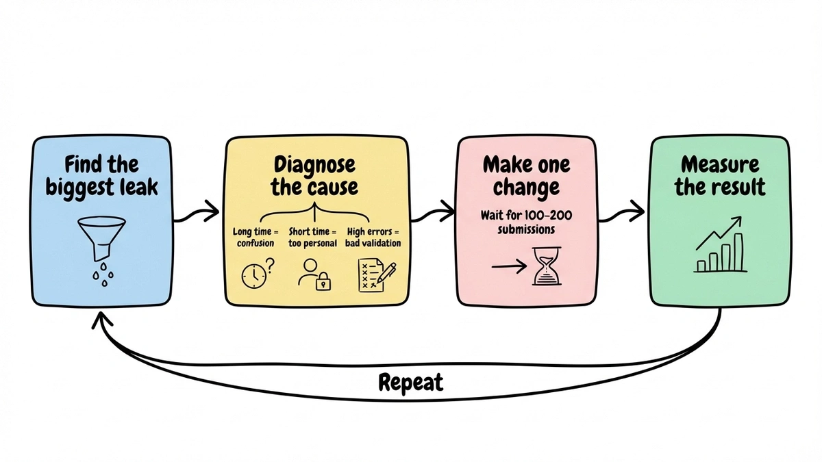 Flowchart of four-step cycle from identifying drop-off to measuring fix results
