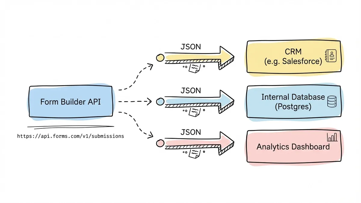 Diagram showing form submissions flowing through API into CRM, database, and dashboard