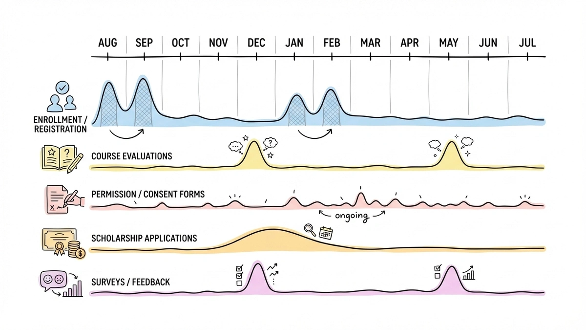 Illustrative semester calendar with enrollment near the start, evaluations near the end, and consent forms throughout
