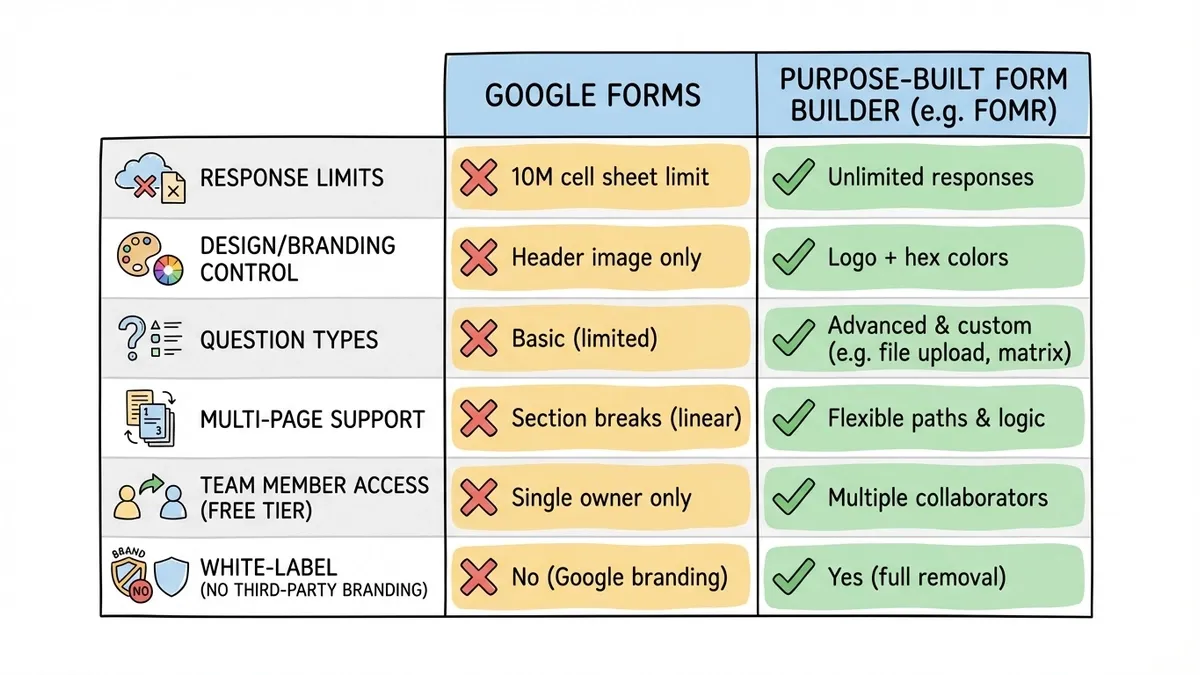 Feature comparison table of Google Forms versus dedicated education form builders