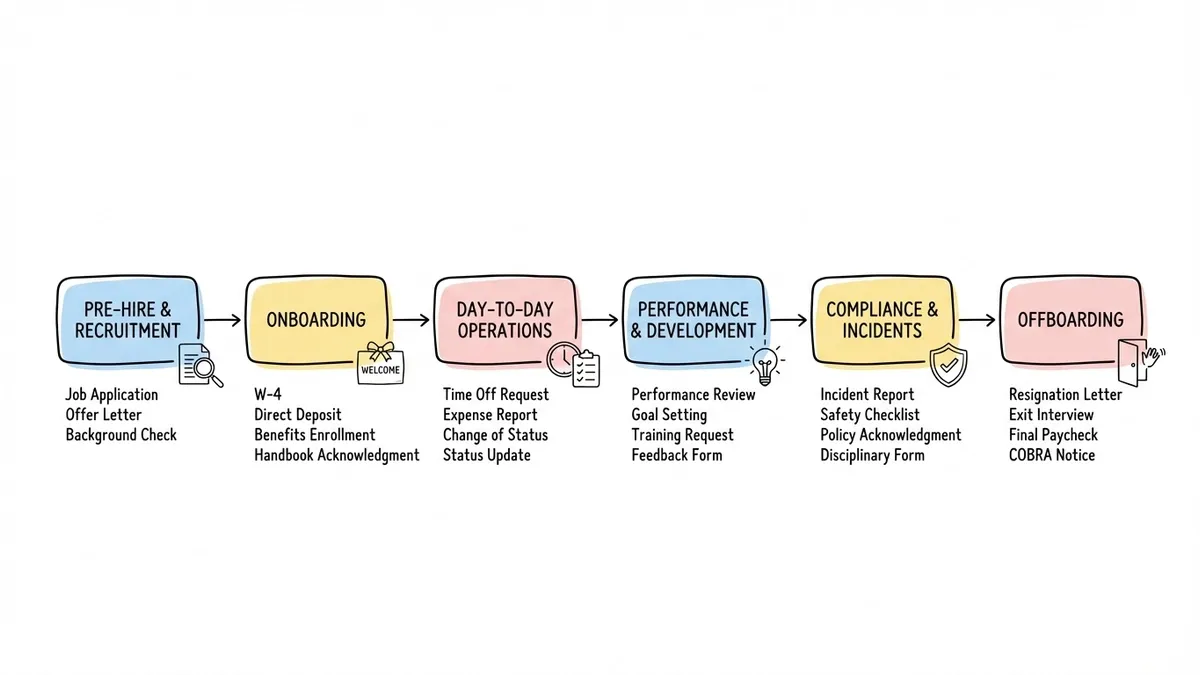 Employee lifecycle diagram showing HR forms at each stage from hire to exit