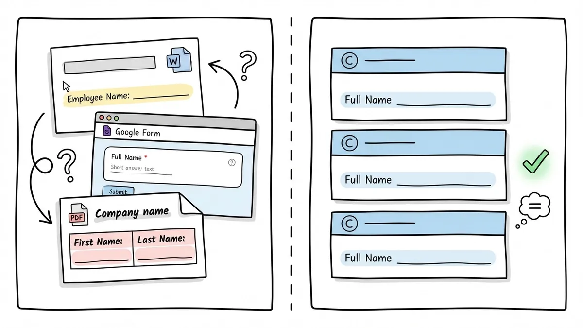 Side-by-side comparison of inconsistent ad-hoc HR forms versus standardized branded templates