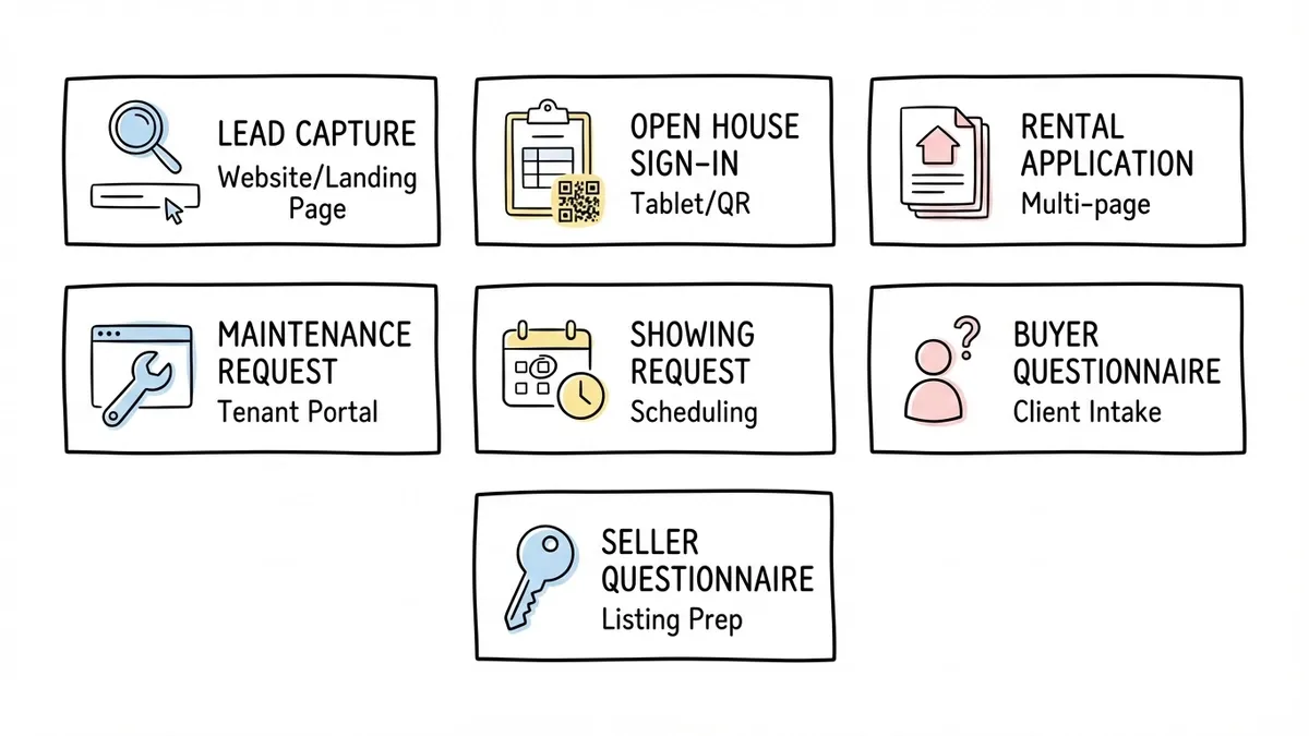 Seven real estate form types organized by category and use case