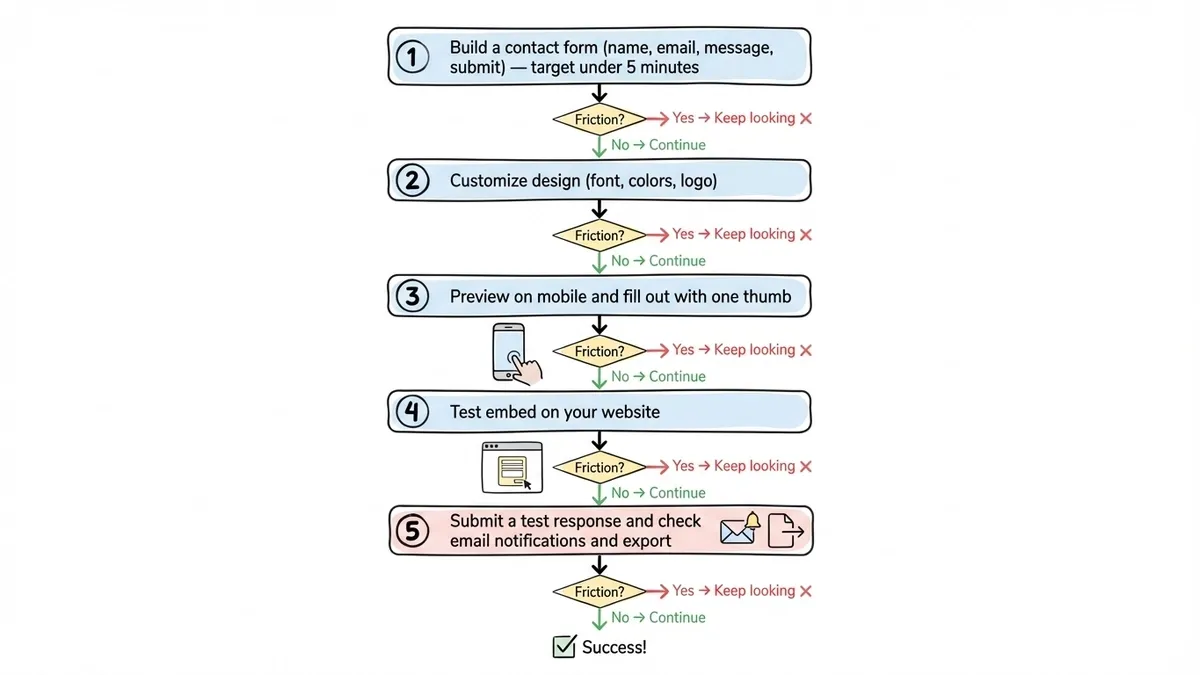Five-step flowchart for evaluating a form builder in 15 minutes