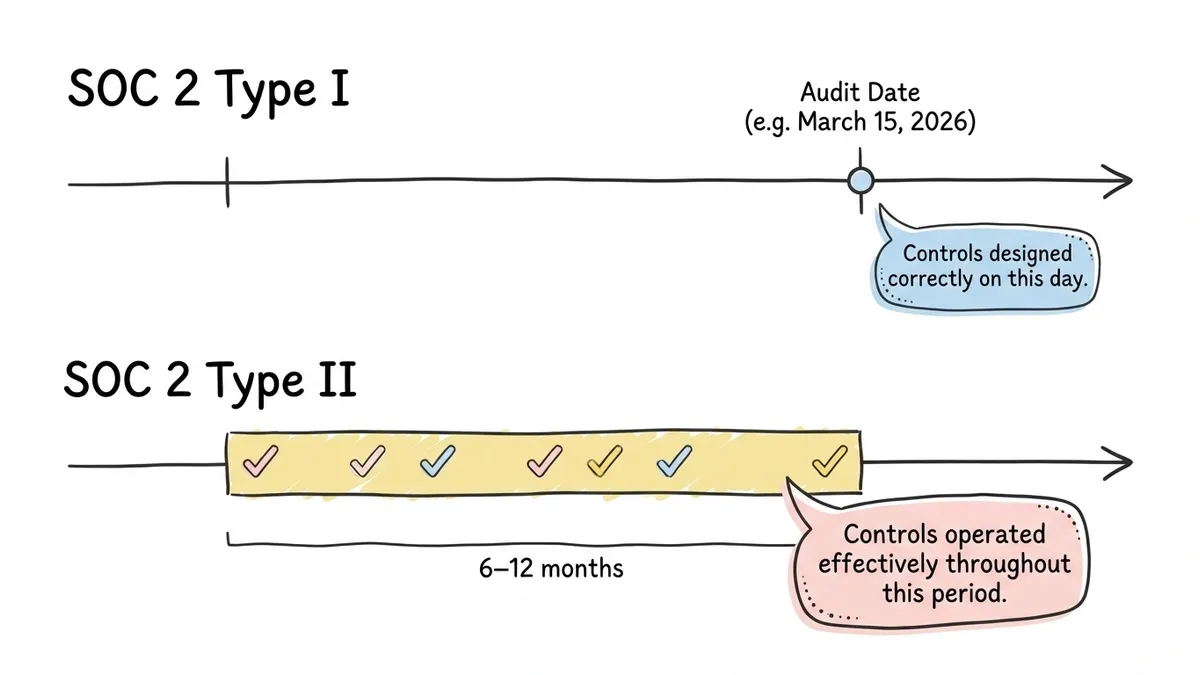 Timeline diagram comparing SOC 2 Type I point-in-time audit versus Type II period audit