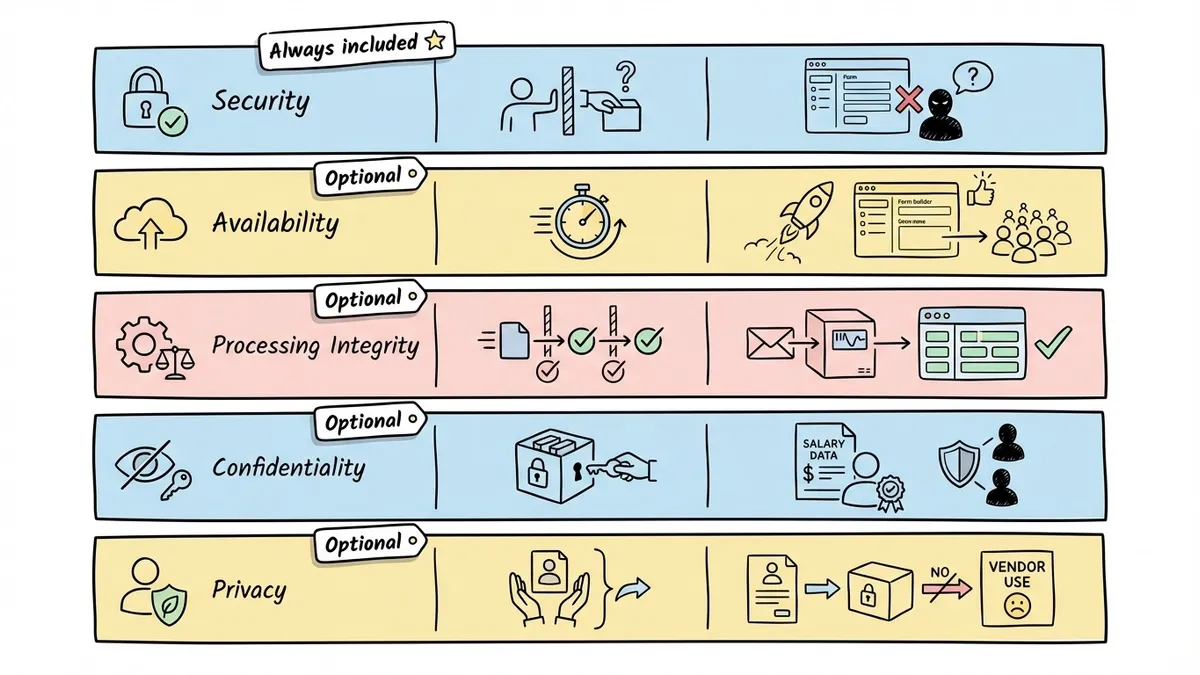 Diagram of five SOC 2 trust service criteria with form builder examples for each