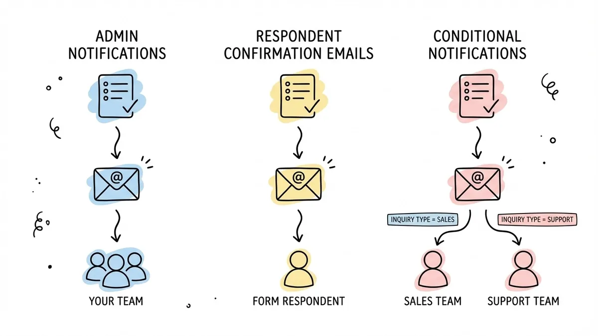 Diagram showing three types of form notifications: admin, confirmation, conditional