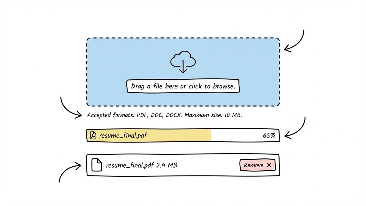 Well-designed file upload field with drag-and-drop zone, format labels, progress bar, and file preview