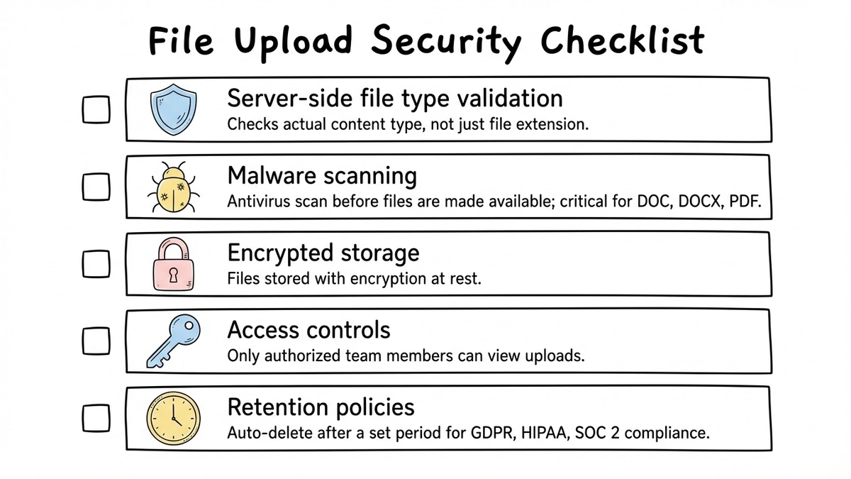 Security checklist for evaluating file upload in form builders: server-side validation, malware scanning, encrypted storage, access controls, and retention policies