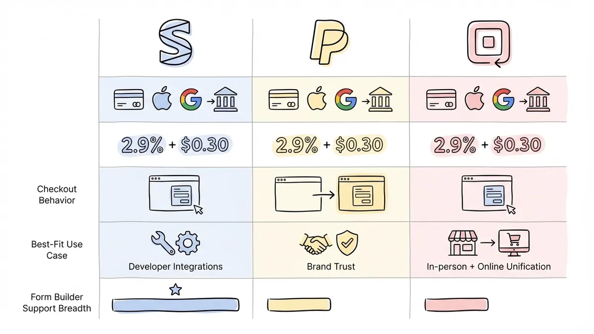 Comparison of Stripe, PayPal, and Square features for payment forms