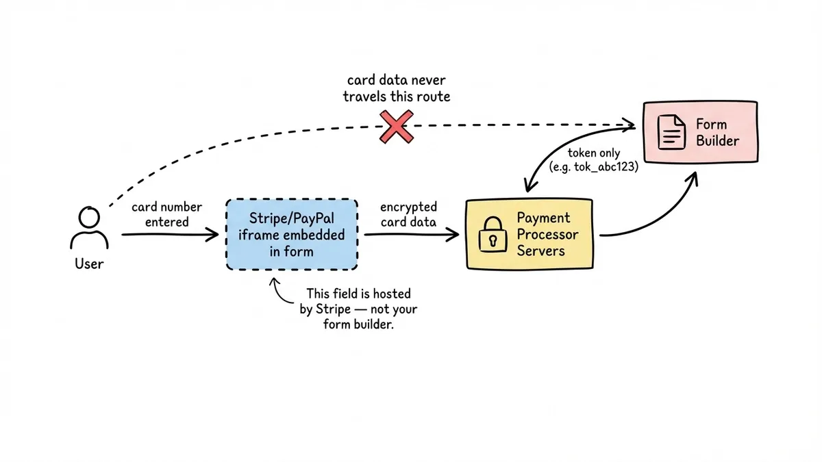 Tokenization flow showing card data going to processor, token returning to form