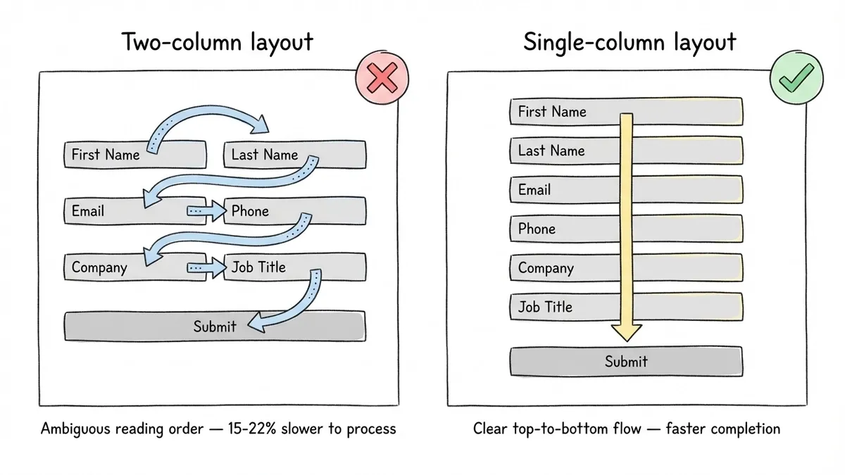 Side-by-side diagram of single-column versus two-column form layouts