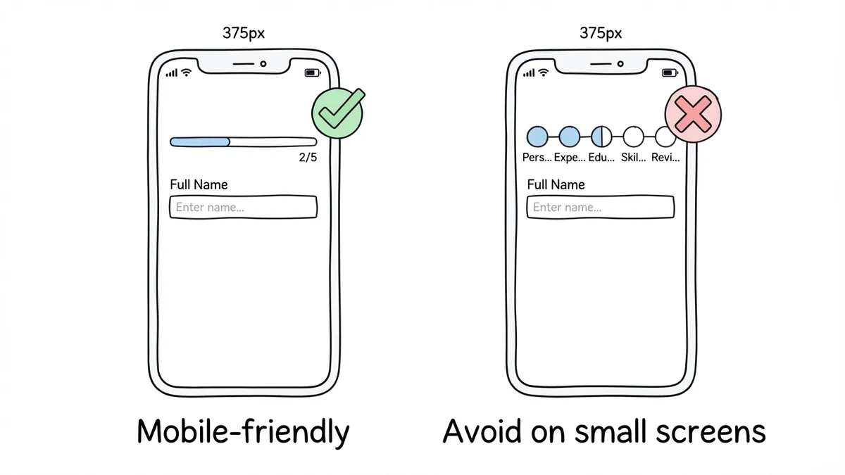 Mobile screen showing compact progress bar versus cluttered step indicator