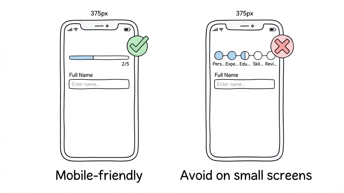 Mobile screen showing compact progress bar versus cluttered step indicator