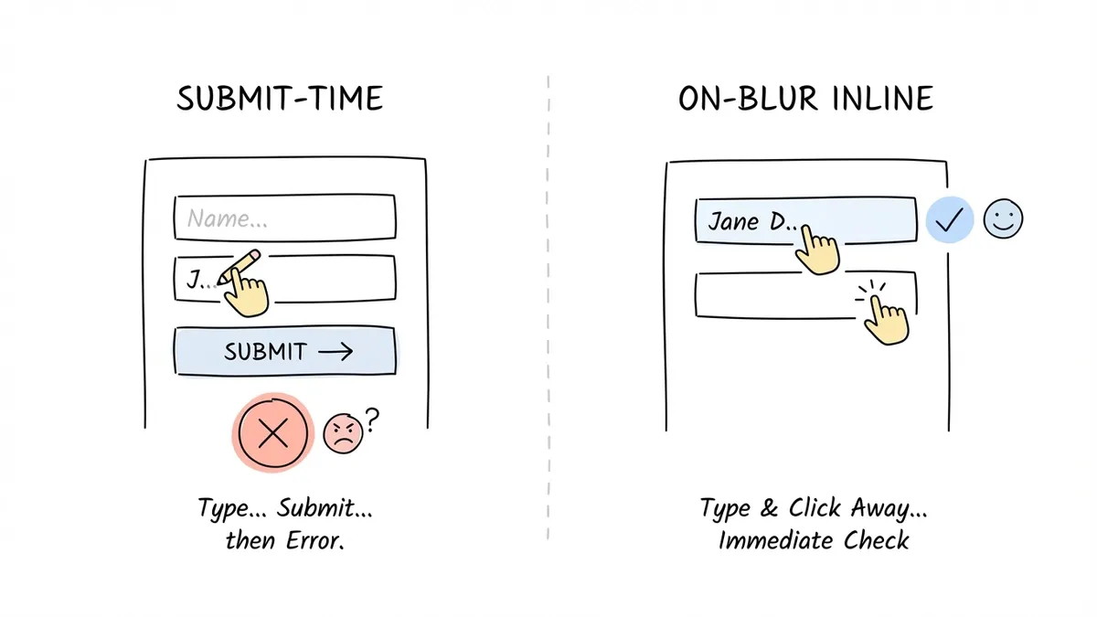 Side-by-side comparison of submit-time validation versus on-blur inline validation flow