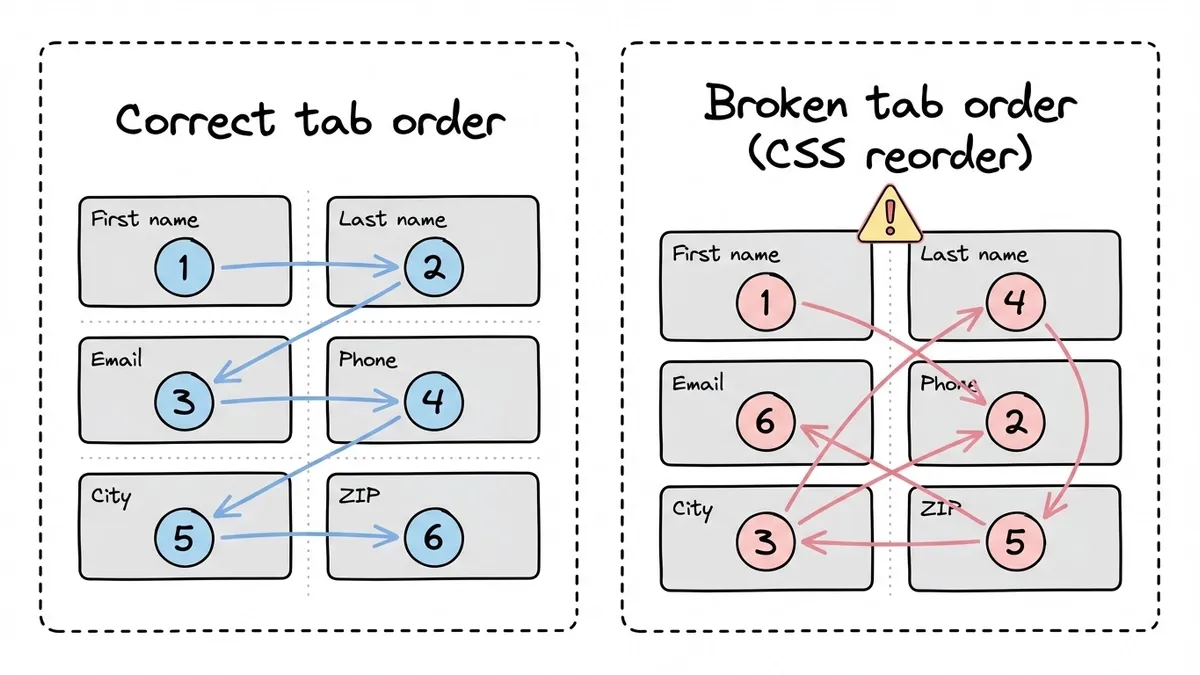 Diagram showing correct versus broken tab order through a two-column form layout