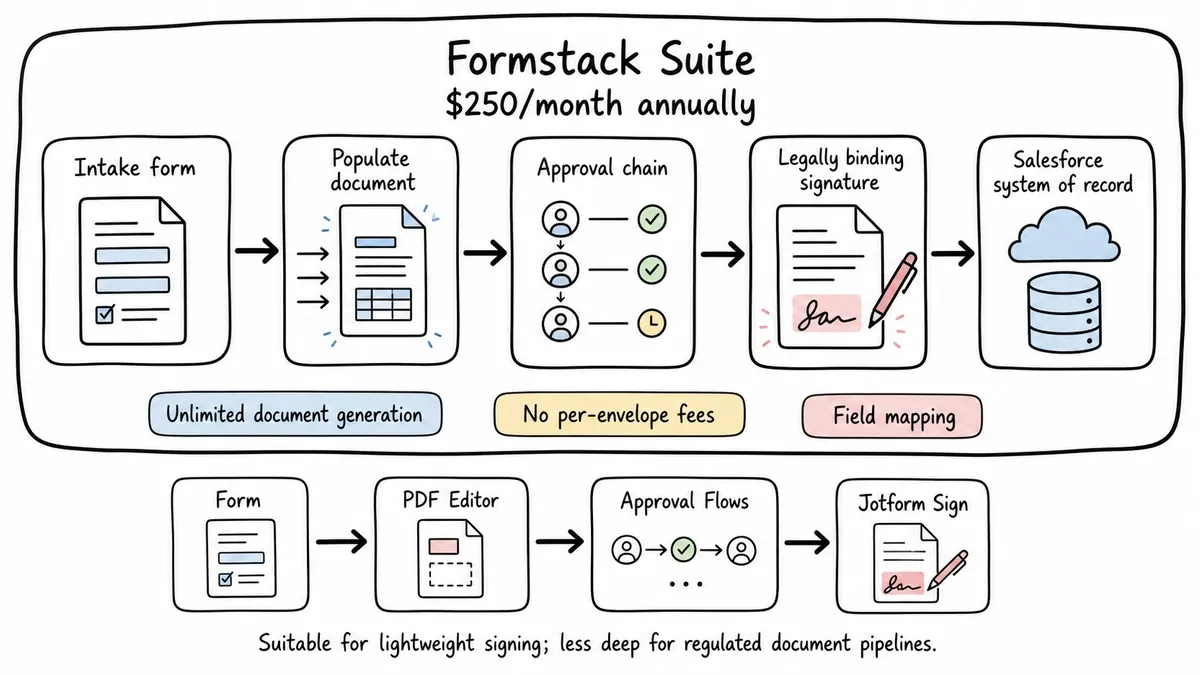 Form submission moving through documents, signatures, approvals, and Salesforce