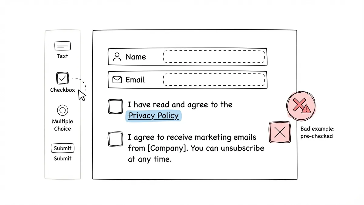 Form editor showing separate unchecked consent checkboxes for terms and marketing