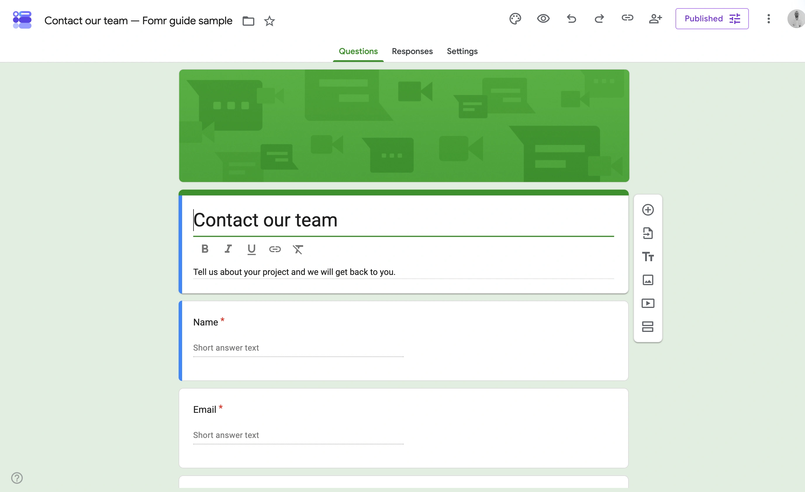 Google Forms editor showing the sample form