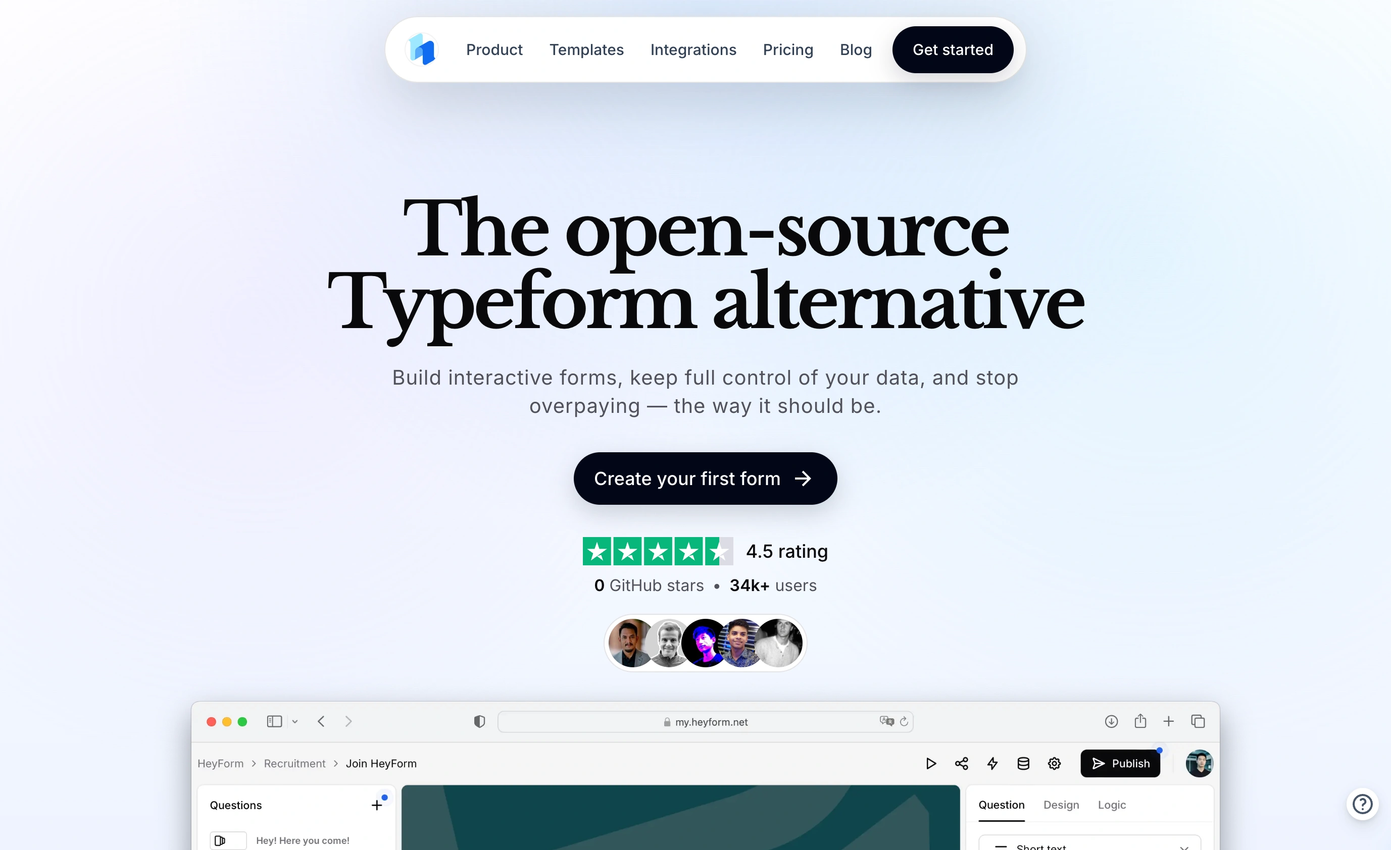 HeyForm landing page captured in September 2026