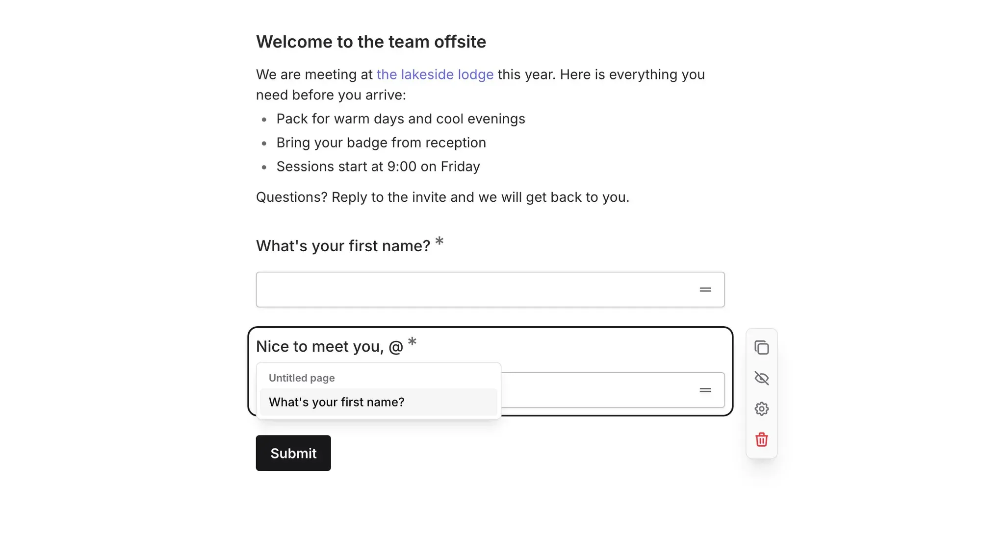 The Fomr editor showing the @ pipe picker open inside a question titled 'Nice to meet you' with an earlier answer, 'What's your first name?', available to insert