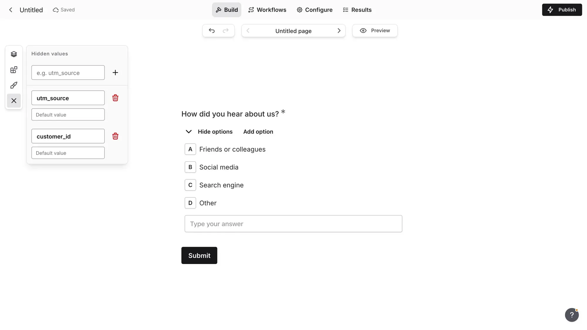 The Hidden values panel in the Fomr editor with utm_source and customer_id keys declared