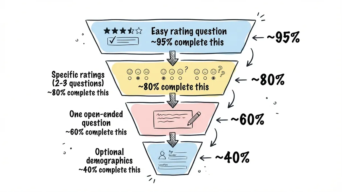 Funnel diagram showing feedback form question order from easy to optional