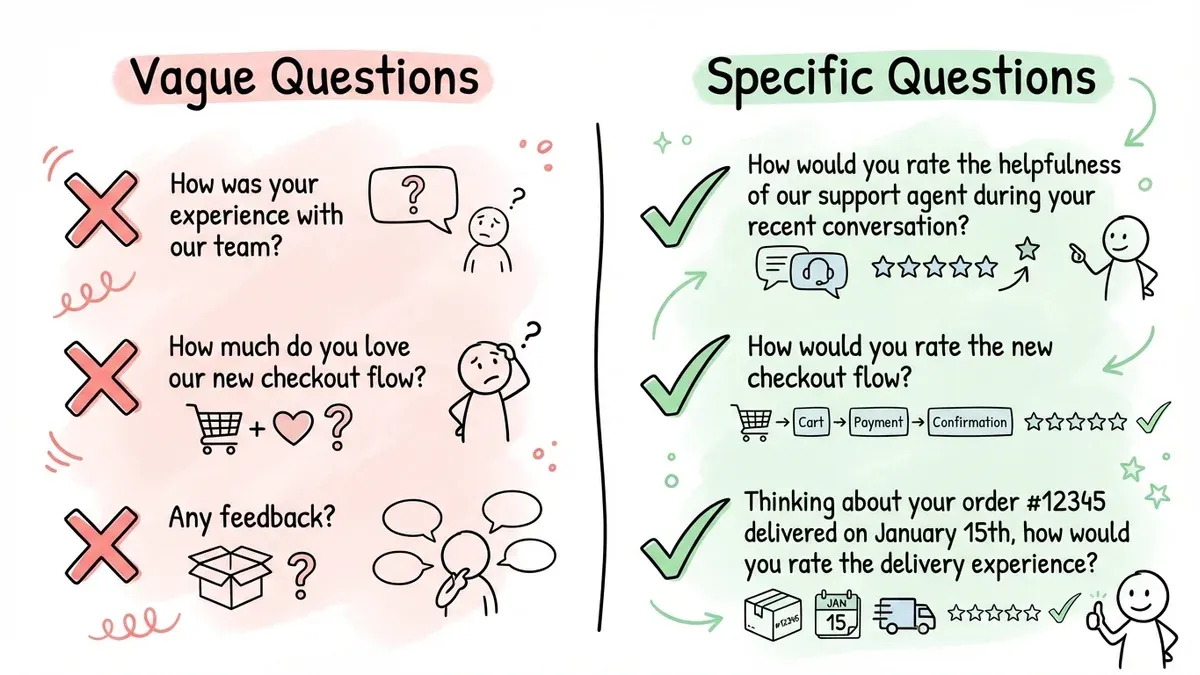 Side-by-side comparison of vague versus specific feedback questions