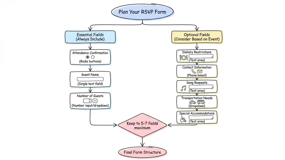 RSVP form structure flowchart showing essential and optional fields